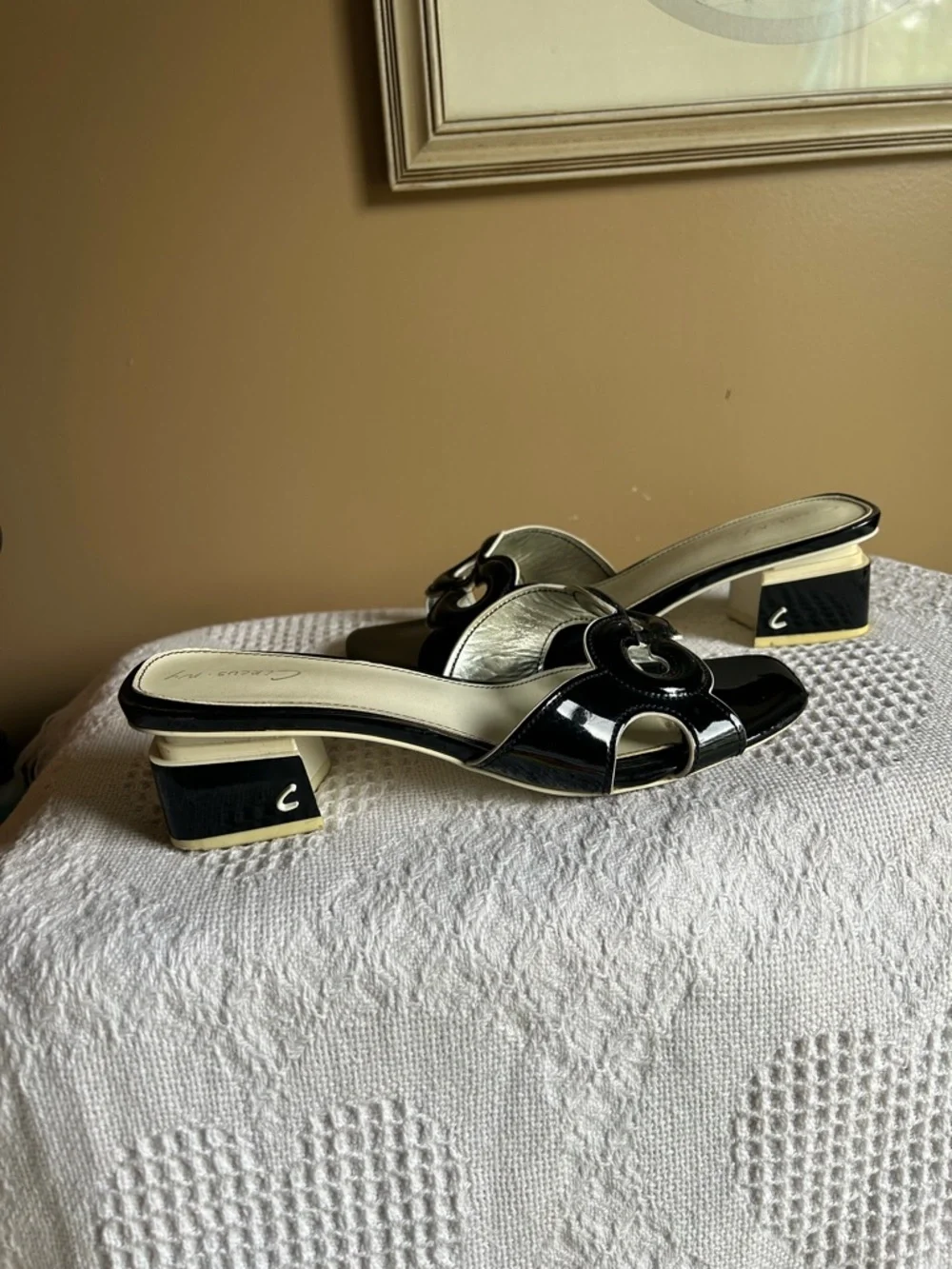 Black Patent Slide Mules with Ivory Accent Heel - Picture 1 of 11